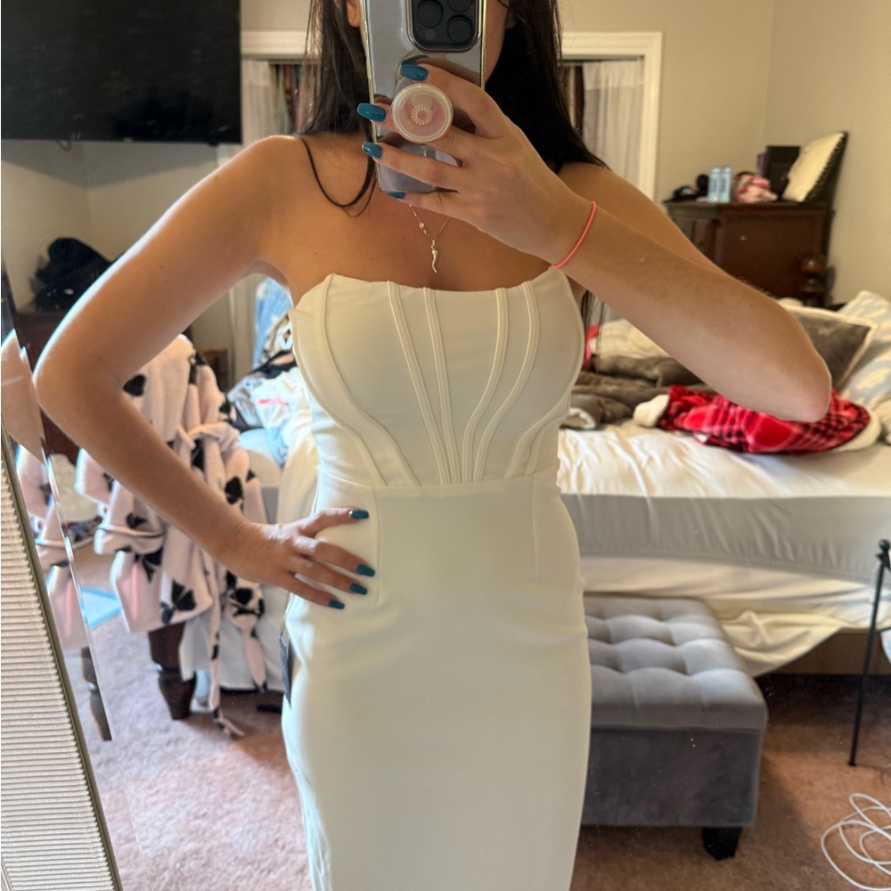 Lulus Gorgeously Sultry White Bustier Strapless Midi Dress - Size S - Picture 3 of 4